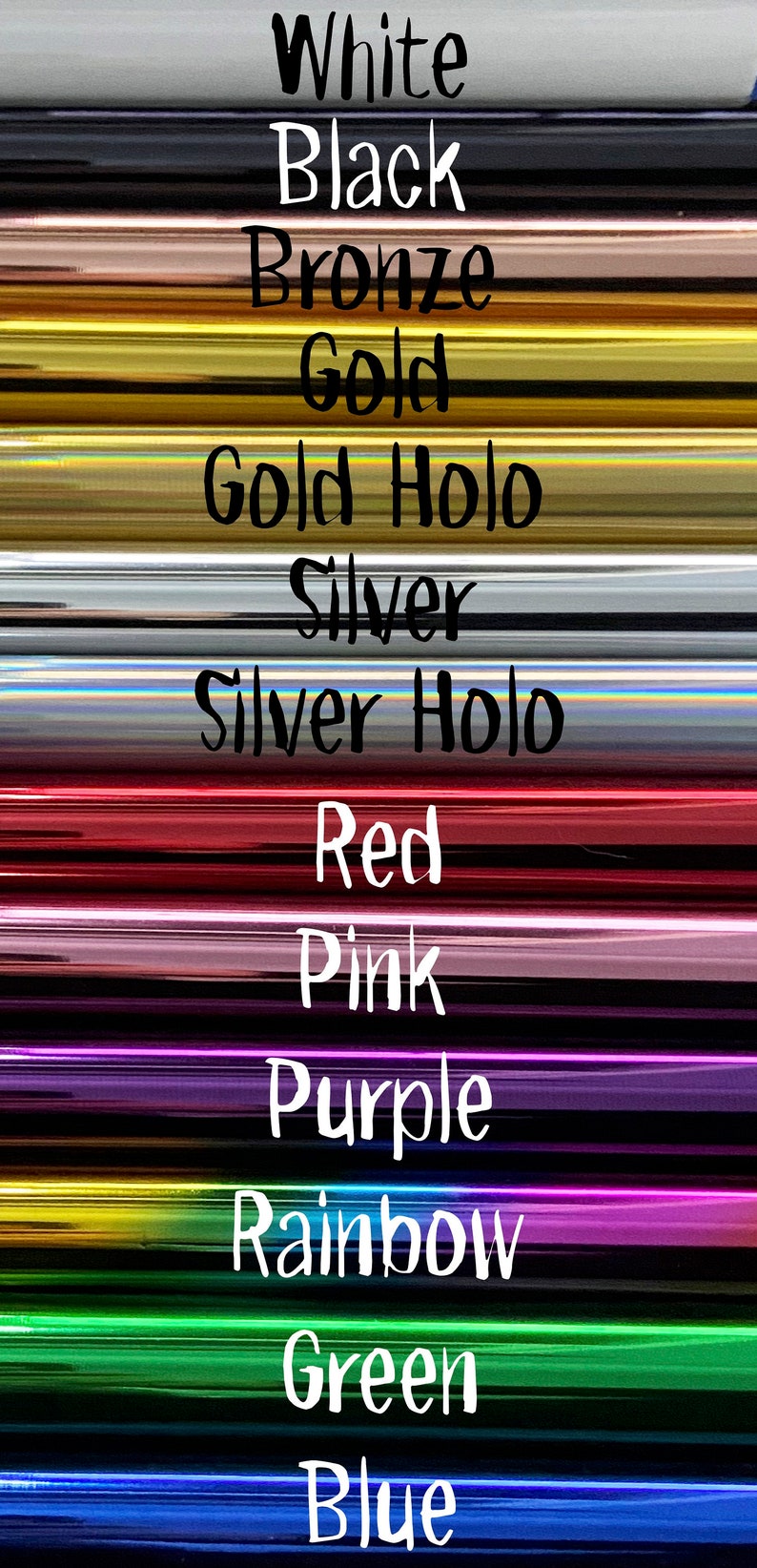K&ouml;nnte beinhalten: Nahaufnahme einer Vielzahl von farbigen Metallr&ouml;hren, die jeweils mit einer anderen Farbe beschriftet sind: Wei&szlig;, Schwarz, Bronze, Gold, Gold Holo, Silber, Silber Holo, Rot, Pink, Lila, Regenbogen, Gr&uuml;n und Blau.