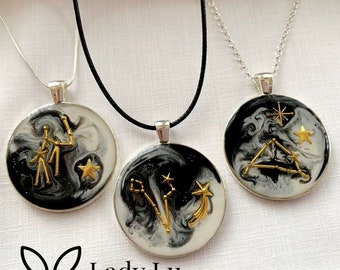 Galaxy Black Zodiac Star Sign Silver Plated Pendant & 18" Chain Handmade Resin Jewellery