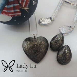 Black Golden Glitter Drop Earrings and Heart Pendent Set ~ Christmas Gift Ideas