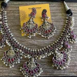 Lakshmi Guttapusalu Necklace: Silver Look Temple Jewelry