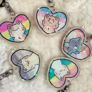 Op de afbeelding: Vijf regenboogvormige sleutelhangers in de vorm van een hart met verschillende kattenillustraties. Elke sleutelhanger heeft een andere kleurcombinatie van regenboogstrepen.