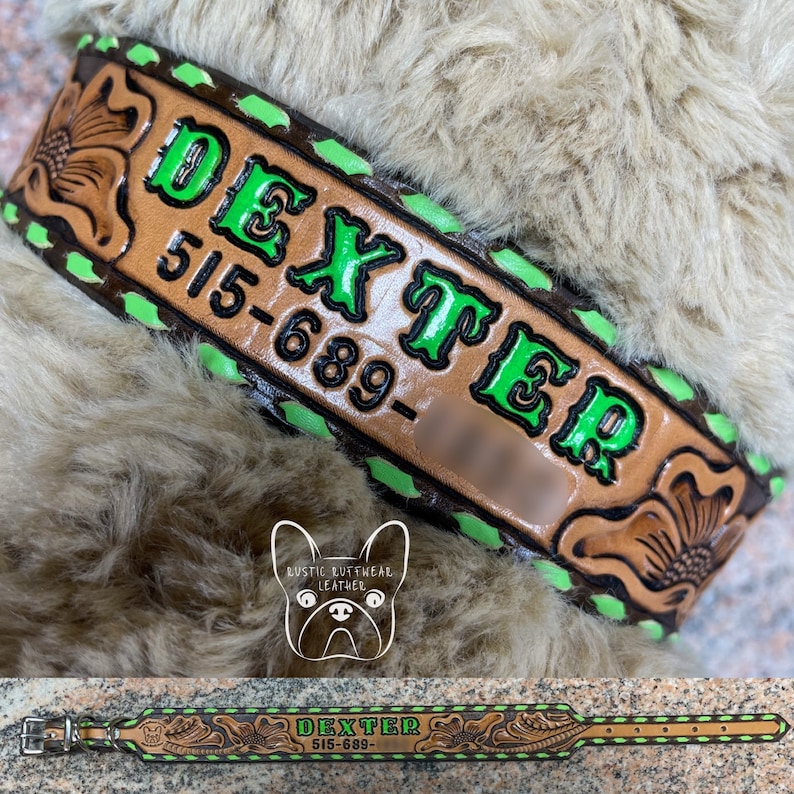 Custom Leather Dog Collar Floral Tooling, Buckstitching, Name, Optional Phone Number Lime Green