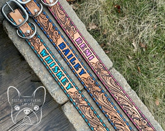 Tooled Leather Dog Collar - Custom Color Buckstitching and Name with Optional Phone Number