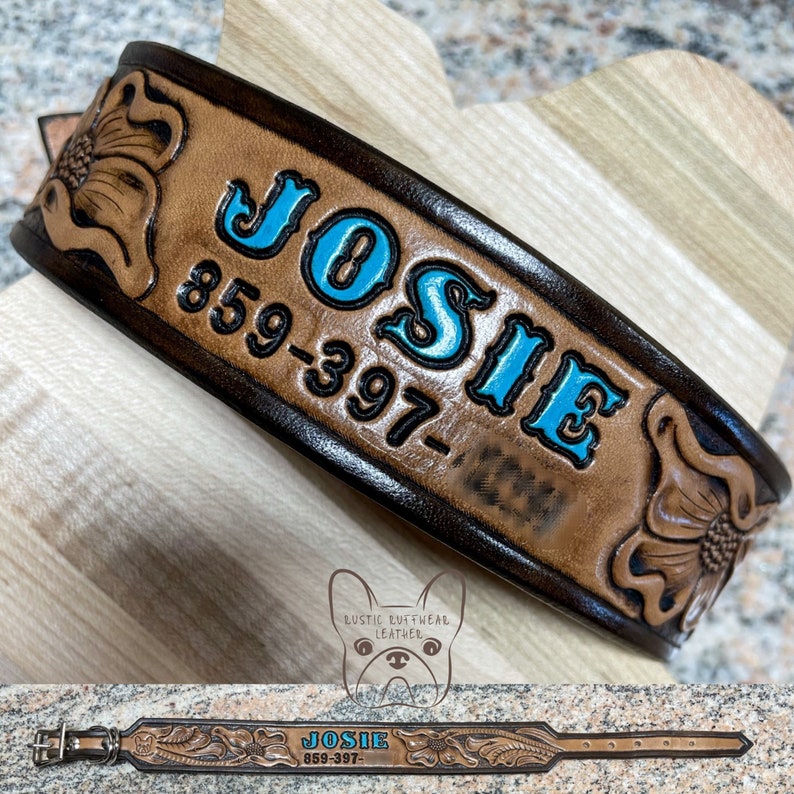 Floral Tooled Dog Collar With Custom Colored Name and Phone | Etsy