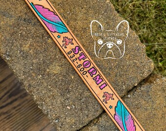 Custom Leather Name Feathers Hand Tooled Dog Collar