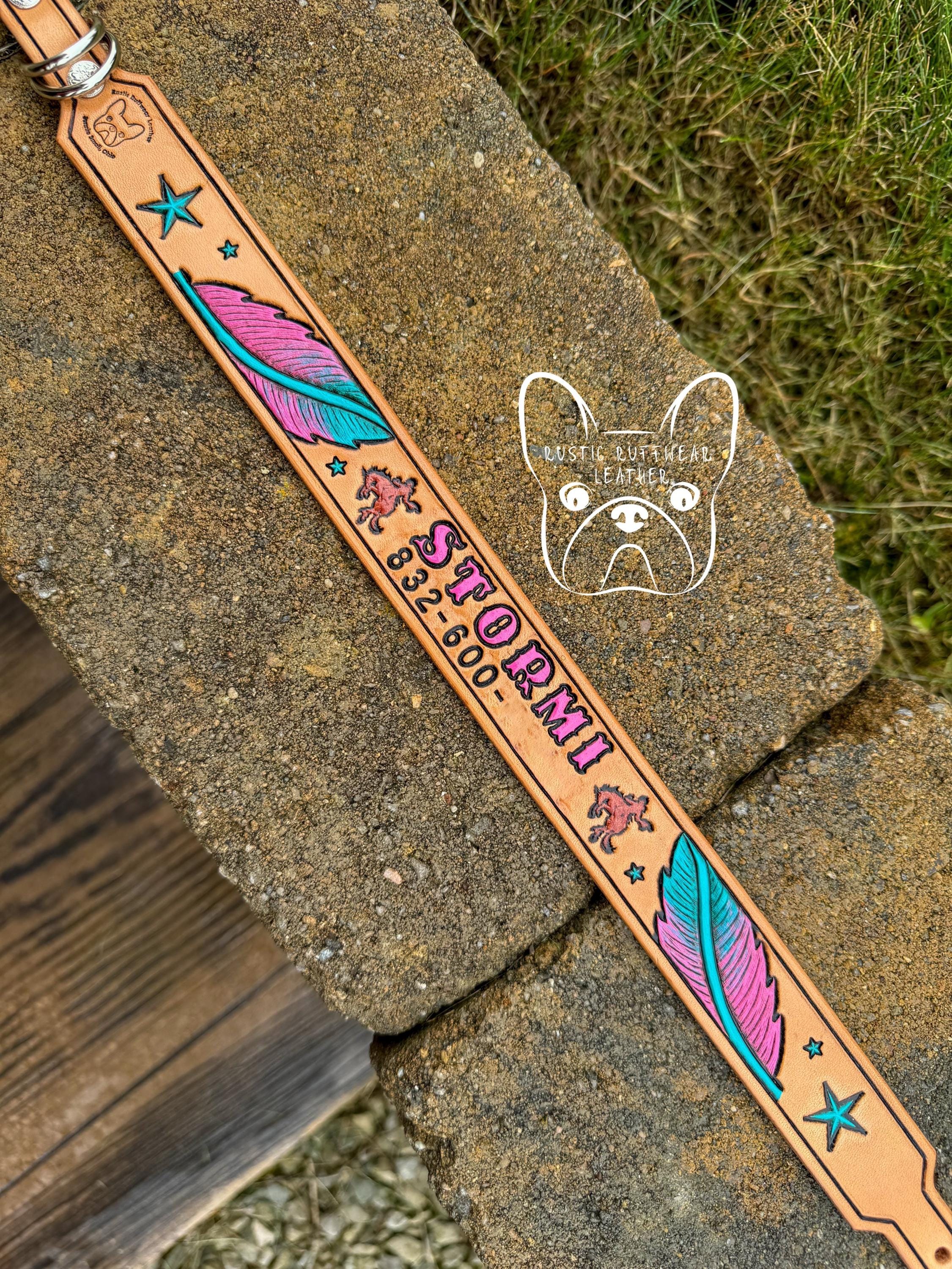 Custom Leather Name Feathers Hand Tooled Dog Collar