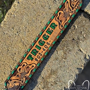 Custom Leather Dog Collar Floral Tooling, Buckstitching, Name, Optional Phone Number Green