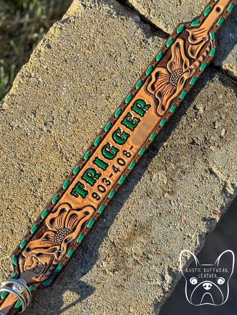 Custom Leather Dog Collar Floral Tooling, Buckstitching, Name, Optional Phone Number Green