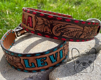 Floral Hand Tooled and Buckstitched Leather Dog Collar with Name and Optional Phone Number