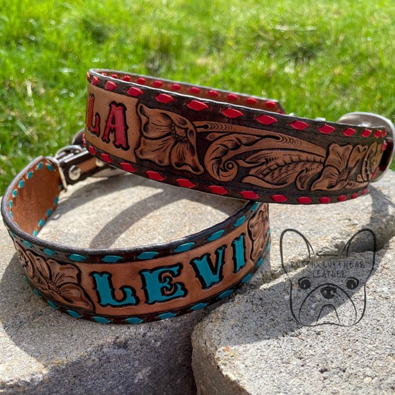 Hand Tooled and Buckstitched Leather Dog Collar With Name - Etsy
