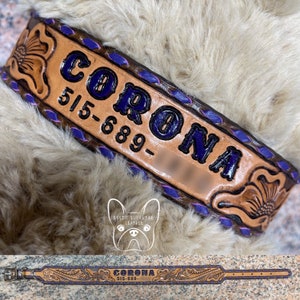 Custom Leather Dog Collar Floral Tooling, Buckstitching, Name, Optional Phone Number Purple