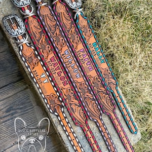 Custom Leather Dog Collar - Floral Tooling, Buckstitching, Name, Optional Phone Number