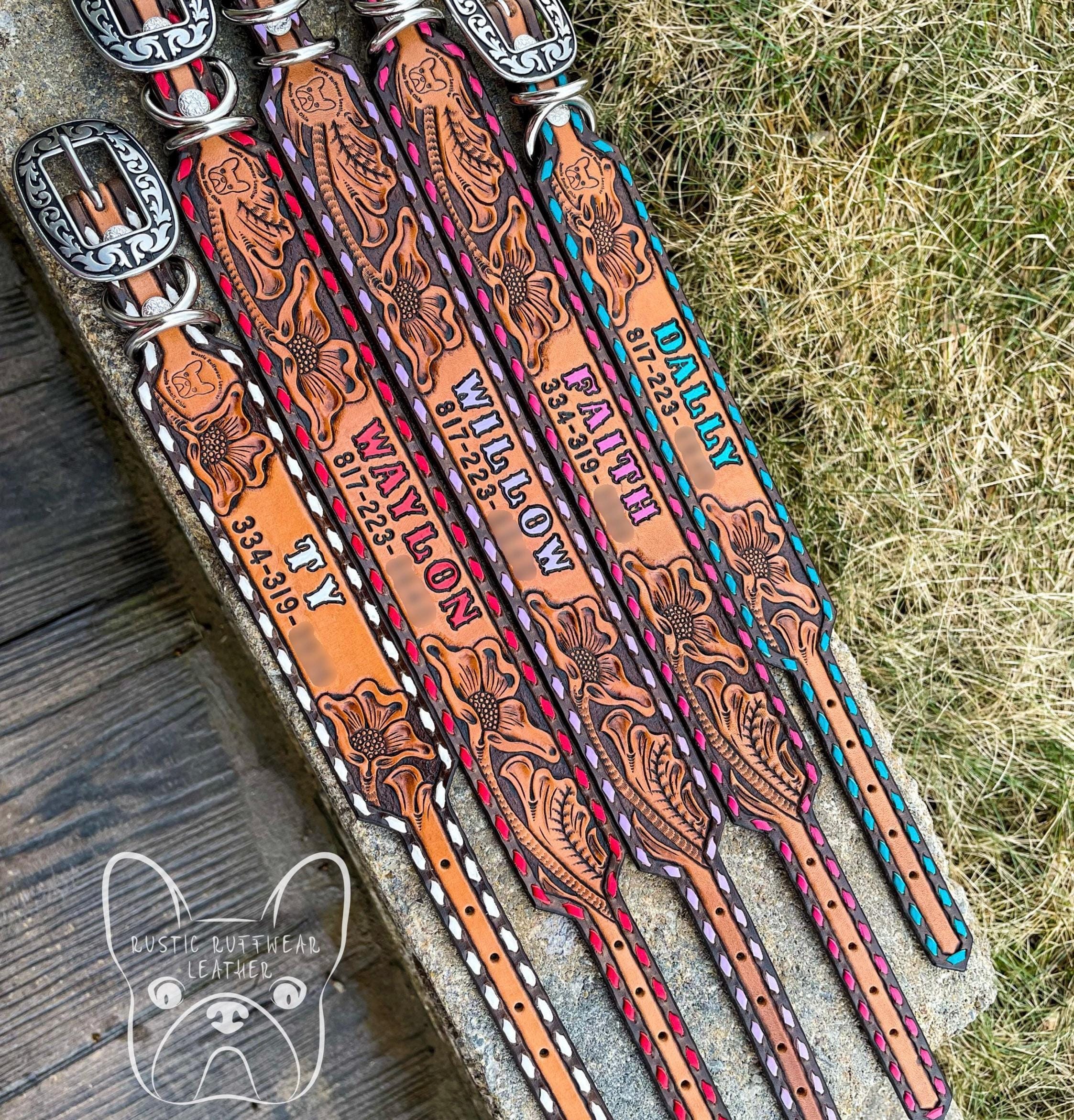 Custom Leather Dog Collar - Floral Tooling, Buckstitching, Name, Optional Phone Number