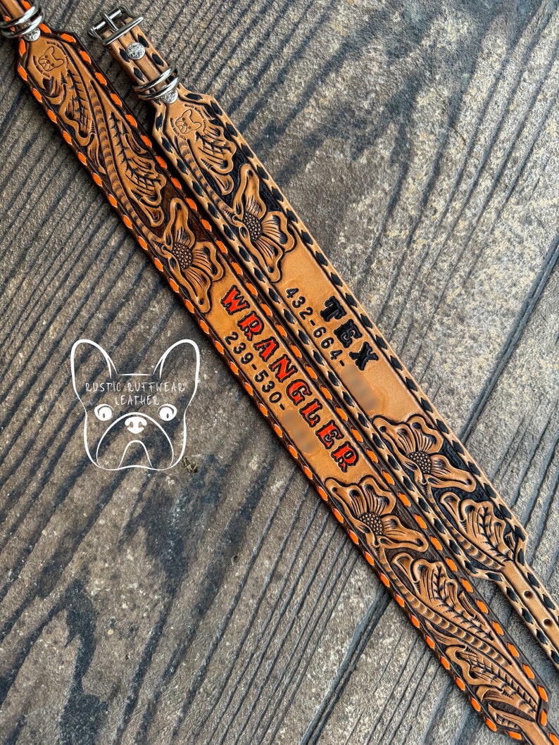 Custom Leather Dog Collar Floral Tooling, Buckstitching, Name, Optional Phone Number image 2