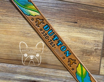 Custom Leather Name Feathers Hand Tooled Dog Collar