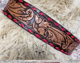 Floral Tooled Dog Collar with Buckstitching, Color Options