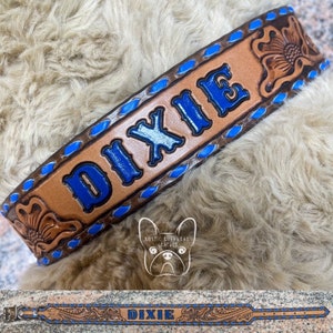 Custom Leather Dog Collar Floral Tooling, Buckstitching, Name, Optional Phone Number Blue