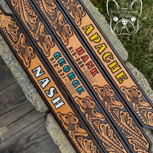 Floral Tooled Dog Collar with Custom Color, Name and Optional Phone Number