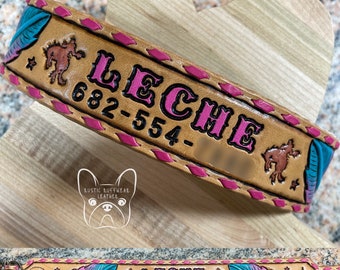 Custom Leather Dog Collar with Name, Buckstitching and Hand Tooled Feathers, Optional Phone Number