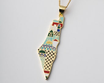 May include: Gold necklace with a pendant shaped like the outline of Israel. The pendant is decorated with colorful enamel and features various religious symbols.