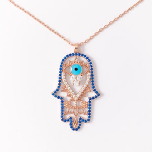 Hamsa Necklace Gold Lapis Lazuli Gemstone Jewelry Evil Eye Pendant Elegant 18K Rose Gold Good Luck