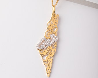 Palestine Map Necklace with Arabic Calligraphy Diamonds (18K GOLD / SILVER)