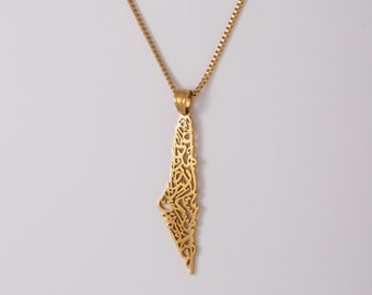 Palestina kaartketting met Arabische kalligrafie (18K GOUD / ZILVER)