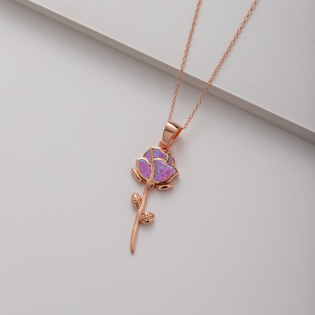 Dainty Rose Necklace, Rose Pendant, Rose Gold Flower Pendant, Opal Rose