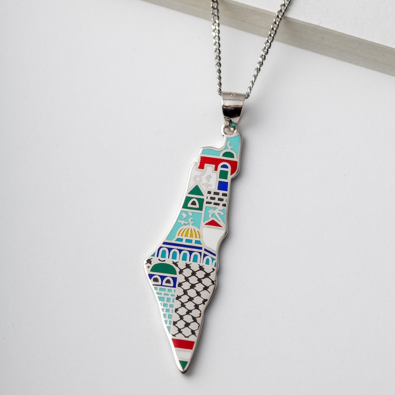 Palestine Map Necklace with Enamel Art 18K Gold / 925 sterling silver image 2