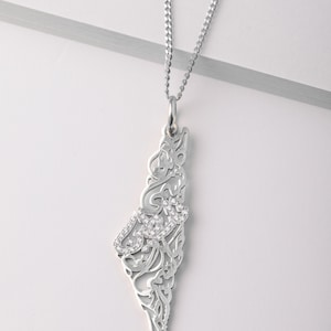 Palestine Map Necklace with Arabic Calligraphy Diamonds 18K GOLD / SILVER Silver