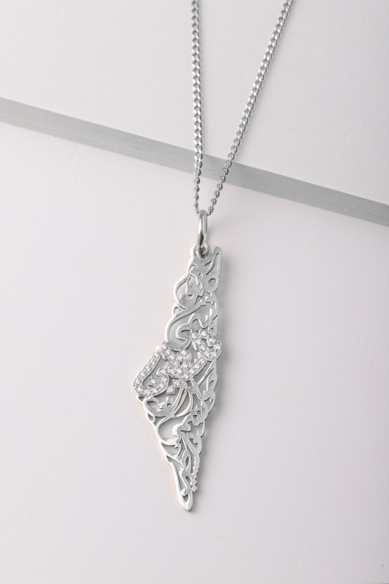 Palestine Map Necklace with Arabic Calligraphy Diamonds 18K GOLD / SILVER Silver