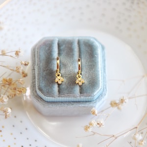 May include: A pair of gold hoop earrings with a small, dangling charm featuring a cluster of clear cubic zirconia stones. The earrings are displayed in a blue velvet jewellery box.