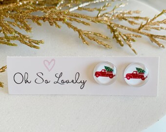 Red Christmas Truck with tree earrings, cute gift for her