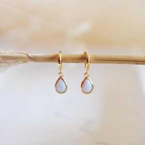 Opal drop Huggie hoop earrings, lightweight and pretty, gifts for her, bride, wedding jewelry
