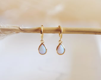 Opal drop Huggie hoop earrings, lightweight and pretty, gifts for her, bride, wedding jewelry