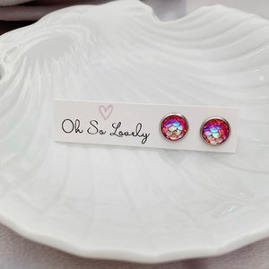 8mm light pink mermaid scale stud earrings, hypoallergenic stainless steel, gorgeous gift