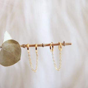 Double Huggie hoop with chain connector, chic gift for her, lightweight, pretty