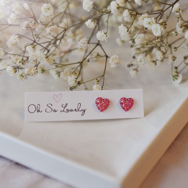 Pretty Druzy heart stud earrings, hypoallergenic posts, great gift idea for her, Valentine’s Day, sparkly