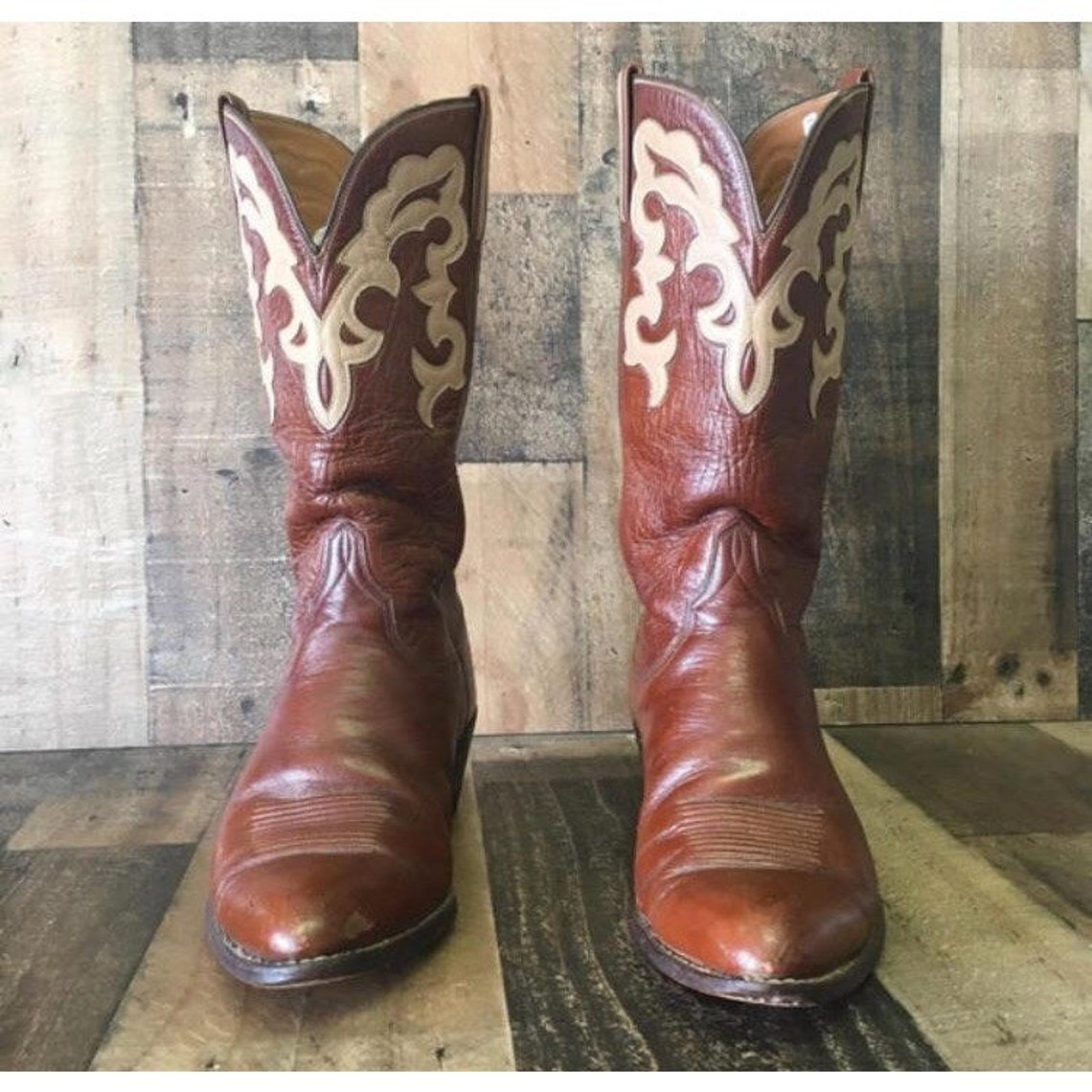 Lucchese Vtg San Antonio Leather Inlay Cowboy Boots Mens 10 D | Etsy