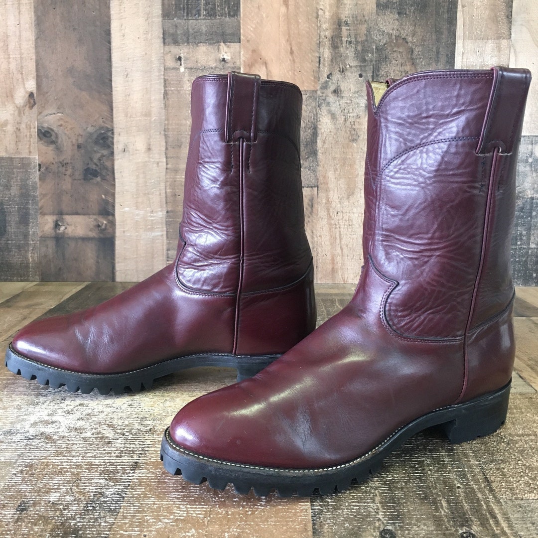 Justin Burgundy Vibram Sole Cowboy Boots Mens 12 D Etsy