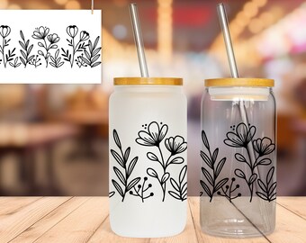 Trinkglas to go Glasbecher Libbey-Glas Wildblumen Bambusdeckel mit Strohhalm Deckel personalisiert Glas Name Geschenk unterwegs Geburtstag