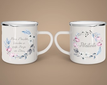 Emailletasse personalisiert | Emailletasse mit Patentante | Emailletasse Vintage | Emailletasse mit Spruch | Emailletassemit Blumenkranz