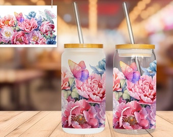 Trinkglas to go Glasbecher Libbey-Glas Wildblumen Bambusdeckel mit Strohhalm Bambusdeckel personalisiert Glas Name Geschenk Frau unterwegs