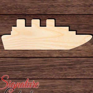 May include: A wooden cutout of a cruise ship with three smokestacks. The ship is made of light-colored wood and has a detailed grain pattern. The background is a dark brown wood grain. The text "Signature Cutouts" is in the lower left corner.