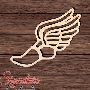 May include: Wooden cutout of a running shoe with a wing, a common symbol for speed and athleticism. The cutout is a light brown color and has a smooth, polished finish.