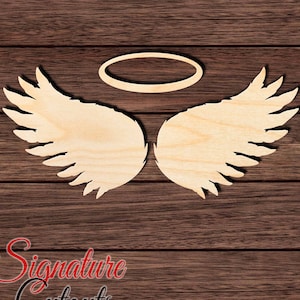 May include: Wooden angel wings with a halo, cut out and ready to be painted or decorated. The wings are detailed with feathers and the halo is a simple circle.
