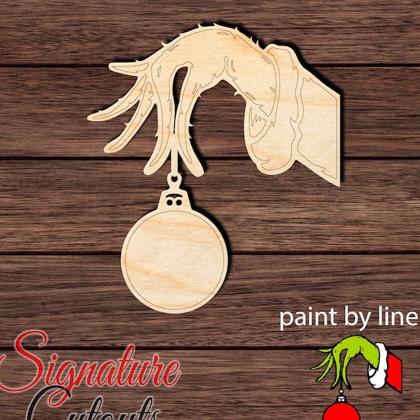 Grinch Holding Ornament Shape Cutout - Paint by Line in Wood for Crafting, Home & Room Décor, and other DIY projects - Many Sizes Available