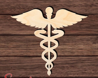 Figura de madera recortada con el símbolo médico del caduceo, madera contrachapada de abedul sin acabado, forma artesanal para el sector sanitario 001