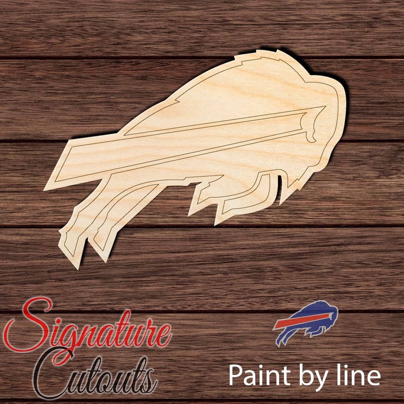 May include: Unpainted wooden cutout of the Buffalo Bills logo. The logo is a blue buffalo head with a white outline. The cutout is ready to be painted by line.