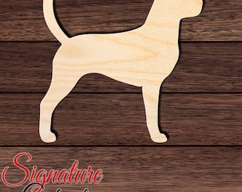 May include: A light-colored, unfinished wooden cutout in the shape of a standing dog with its tail pointed upward. The silhouette features a smooth surface with visible wood grain patterns, capturing the profile of a canine in a stationary pose.